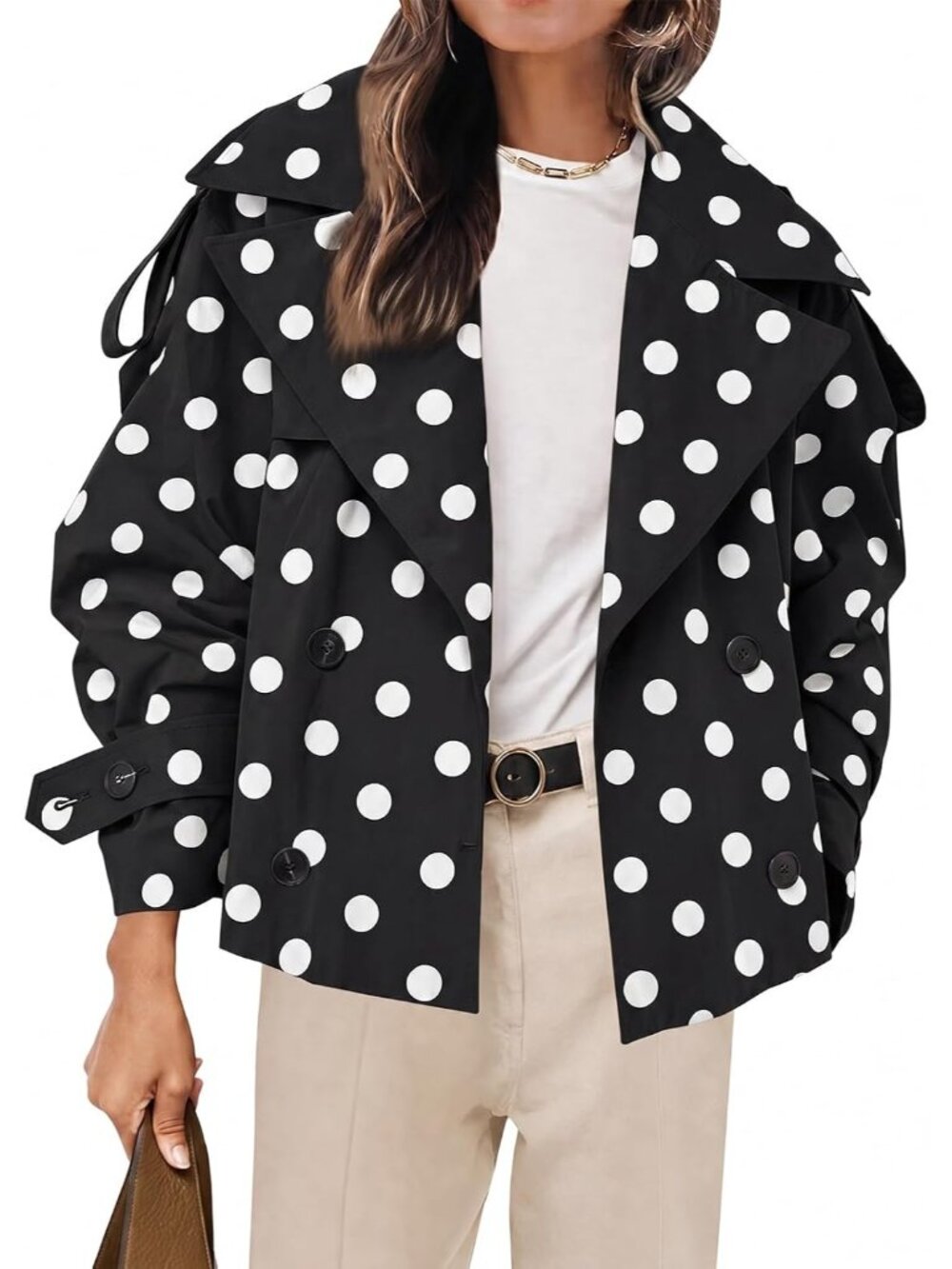 Women's Black Polka Dot Cropped Trench Double Breasted Short Jacket with Belt